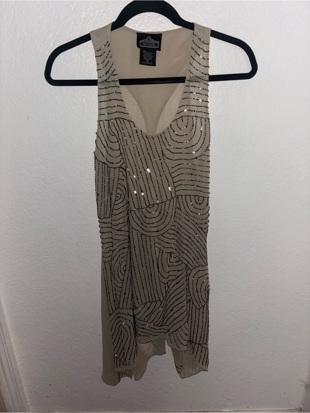 Vintage Beige Beaded Sleeveless Sheer Mini Dress